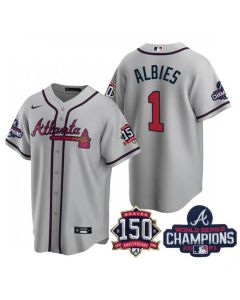 Men's Atlanta Braves #1 Ozzie Albies 2021 Grey World Series Champions With 150th Anniversary Patch Cool Base Stitched Jersey