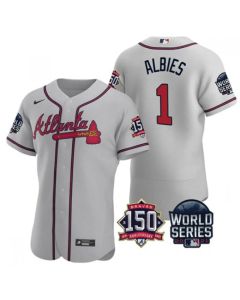 Men's Atlanta Braves #1 Ozzie Albies 2021 Grey World Series With 150th Anniversary Patch Stitched Baseball Jersey