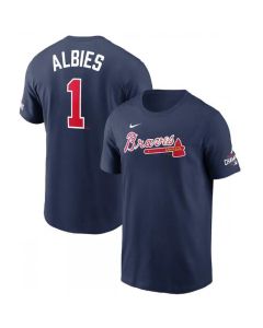 Men's Atlanta Braves #1 Ozzie Albies 2021 Navy World Series Champions Player Name & Number T-Shirt
