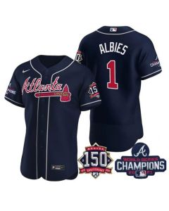 Men's Atlanta Braves #1 Ozzie Albies 2021 Navy World Series Champions With 150th Anniversary Flex Base Stitched Jersey