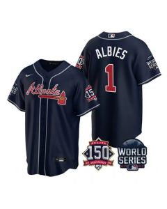 Men's Atlanta Braves #1 Ozzie Albies 2021 Navy World Series With 150th Anniversary Patch Cool Base Stitched Jersey