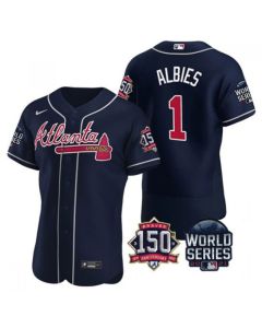 Men's Atlanta Braves #1 Ozzie Albies 2021 Navy World Series With 150th Anniversary Patch Stitched Baseball Jersey