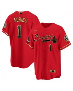 Men's Atlanta Braves #1 Ozzie Albies 2021 Red/Gold World Series Champions With 150th Anniversary Patch Cool Base Stitched Jersey