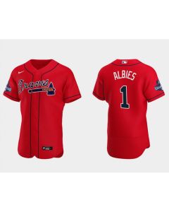 Men's Atlanta Braves #1 Ozzie Albies 2021 Red World Series Champions Flex Base Stitched Jersey