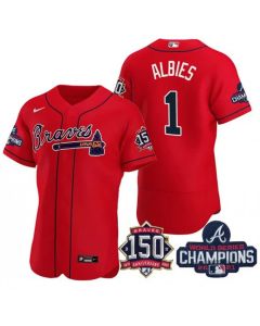 Men's Atlanta Braves #1 Ozzie Albies 2021 Red World Series Champions With 150th Anniversary Flex Base Stitched Jersey