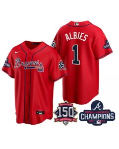 Men's Atlanta Braves #1 Ozzie Albies 2021 Red World Series Champions With 150th Anniversary Patch Cool Base Stitched Jersey