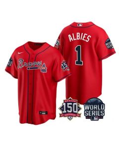 Men's Atlanta Braves #1 Ozzie Albies 2021 Red World Series With 150th Anniversary Patch Cool Base Stitched Jersey