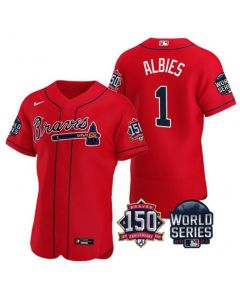 Men's Atlanta Braves #1 Ozzie Albies 2021 Red World Series With 150th Anniversary Patch Stitched Baseball Jersey