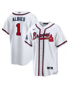 Men's Atlanta Braves #1 Ozzie Albies 2021 White World Series Champions Cool Base Stitched Jersey