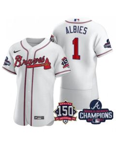 Men's Atlanta Braves #1 Ozzie Albies 2021 White World Series Champions With 150th Anniversary Flex Base Stitched Jersey