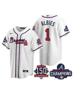 Men's Atlanta Braves #1 Ozzie Albies 2021 White World Series Champions With 150th Anniversary Patch Cool Base Stitched Jersey