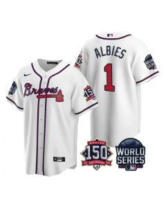 Men's Atlanta Braves #1 Ozzie Albies 2021 White World Series With 150th Anniversary Patch Cool Base Stitched Jersey