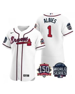 Men's Atlanta Braves #1 Ozzie Albies 2021 White World Series With 150th Anniversary Patch Stitched Baseball Jersey