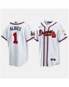 Men's Atlanta Braves #1 Ozzie Albies 2022 White/Gold World Series Champions Program Cool Base Stitched Baseball Jersey