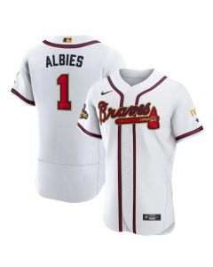 Men's Atlanta Braves #1 Ozzie Albies 2022 White/Gold World Series Champions Program Flex Base Stitched Baseball Jersey