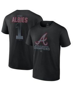 Men's Atlanta Braves #1 Ozzie Albies Black 2021 World Series Champions Name & Number T-Shirt