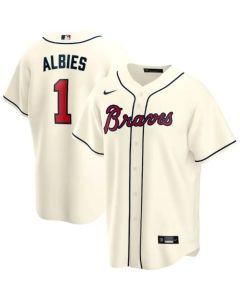 Men's Atlanta Braves #1 Ozzie Albies Cream Cool Base Stitched Jersey