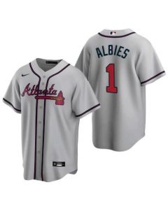 Men's Atlanta Braves #1 Ozzie Albies Grey Cool Base Stitched Jersey