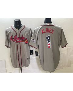 Men's Atlanta Braves #1 Ozzie Albies Grey USA 250 Fourth of July Home Stadium Jersey (Grey)