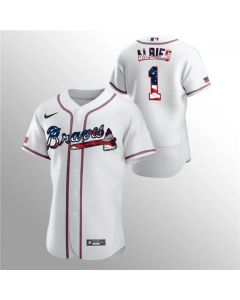 Men's Atlanta Braves #1 Ozzie Albies White 2020 Stars & Stripes Flex Base Stitched Jersey
