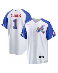Men's Atlanta Braves #1 Ozzie Albies White 2023 City Connect Cool Base Stitched Baseball Jersey