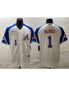 Men's Atlanta Braves #1 Ozzie Albies White 2023 City Connect Cool Base With Patch Stitched Baseball Jersey