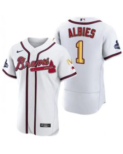 Men's Atlanta Braves #1 Ozzie Albies White Gold World Series Champions Flex Base Stitched Jersey