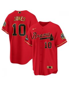 Men's Atlanta Braves #10 Chipper Jones 2021 Red/Gold World Series Champions With 150th Anniversary Patch Cool Base Stitched Jersey