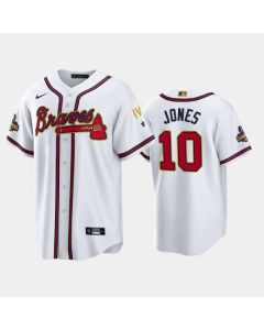 Men's Atlanta Braves #10 Chipper Jones 2022 White/Gold World Series Champions Program Cool Base Stitched Baseball Jersey (White Gold)
