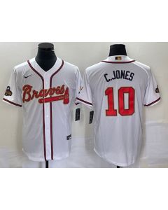 Men's Atlanta Braves #10 Chipper Jones 2022 White/Gold World Series Champions Program Cool Base Stitched Baseball Jersey