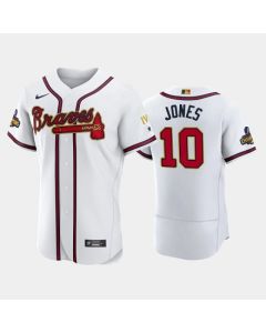 Men's Atlanta Braves #10 Chipper Jones 2022 White/Gold World Series Champions Program Flex Base Stitched Baseball Jersey