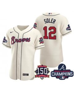 Men's Atlanta Braves #12 Jorge Soler 2021 Cream World Series Champions With 150th Anniversary Flex Base Stitched Jersey