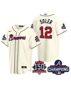 Men's Atlanta Braves #12 Jorge Soler 2021 Cream World Series Champions With 150th Anniversary Patch Cool Base Stitched Jersey