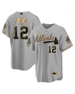 Men's Atlanta Braves #12 Jorge Soler 2021 Grey/Gold World Series Champions With 150th Anniversary Patch Cool Base Stitched Jersey