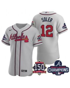 Men's Atlanta Braves #12 Jorge Soler 2021 Grey World Series Champions With 150th Anniversary Flex Base Stitched Jersey