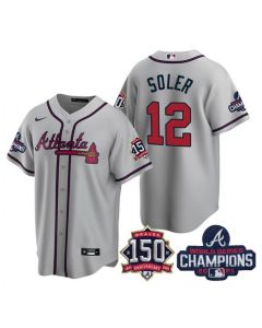 Men's Atlanta Braves #12 Jorge Soler 2021 Grey World Series Champions With 150th Anniversary Patch Cool Base Stitched Jersey