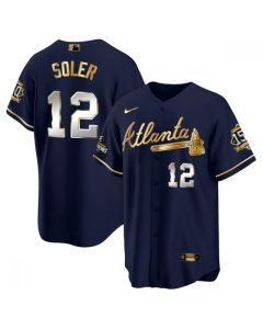 Men's Atlanta Braves #12 Jorge Soler 2021 Navy/Gold World Series Champions With 150th Anniversary Patch Cool Base Stitched Jersey