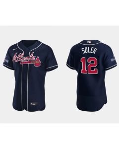 Men's Atlanta Braves #12 Jorge Soler 2021 Navy World Series Champions Flex Base Stitched Jersey