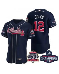 Men's Atlanta Braves #12 Jorge Soler 2021 Navy World Series Champions With 150th Anniversary Flex Base Stitched Jersey