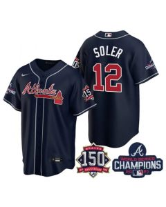 Men's Atlanta Braves #12 Jorge Soler 2021 Navy World Series Champions With 150th Anniversary Patch Cool Base Stitched Jersey