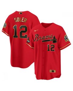 Men's Atlanta Braves #12 Jorge Soler 2021 Red/Gold World Series Champions With 150th Anniversary Patch Cool Base Stitched Jersey