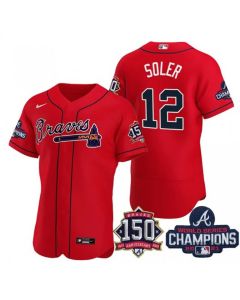 Men's Atlanta Braves #12 Jorge Soler 2021 Red World Series Champions With 150th Anniversary Flex Base Stitched Jersey