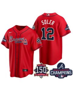 Men's Atlanta Braves #12 Jorge Soler 2021 Red World Series Champions With 150th Anniversary Patch Cool Base Stitched Jersey