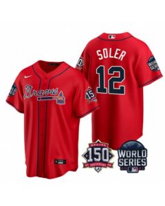 Men's Atlanta Braves #12 Jorge Soler 2021 Red World Series With 150th Anniversary Patch Cool Base Stitched Jersey