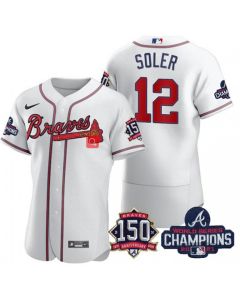 Men's Atlanta Braves #12 Jorge Soler 2021 White World Series Champions With 150th Anniversary Flex Base Stitched Jersey