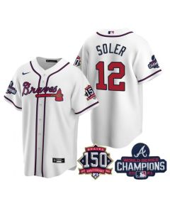 Men's Atlanta Braves #12 Jorge Soler 2021 White World Series Champions With 150th Anniversary Patch Cool Base Stitched Jersey