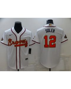 Men's Atlanta Braves #12 Jorge Soler 2022 White/Gold World Series Champions Program Cool Base Stitched Baseball Jersey