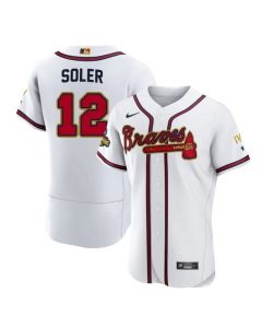 Men's Atlanta Braves #12 Jorge Soler 2022 White/Gold World Series Champions Program Flex Base Stitched Baseball Jersey