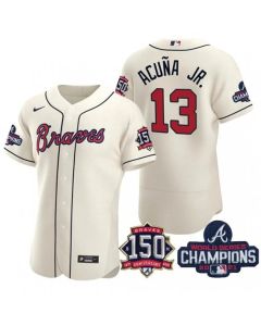 Men's Atlanta Braves #13 Ronald Acuna Jr. 2021 Cream World Series Champions With 150th Anniversary Flex Base Stitched Jersey