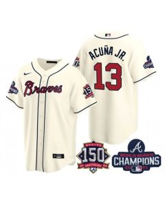 Men's Atlanta Braves #13 Ronald Acuna Jr. 2021 Cream World Series Champions With 150th Anniversary Patch Cool Base Stitched Jersey